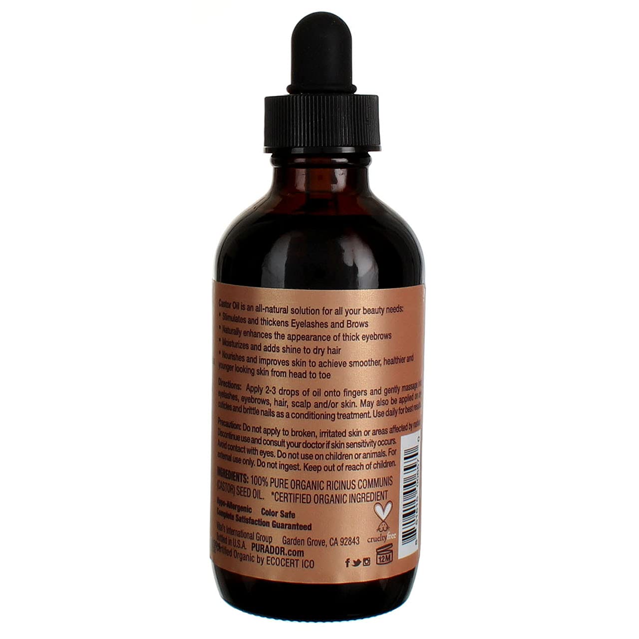 PURA D'OR Organic Castor Oil (4oz + 2 BONUS Pre-Filled Eyelash & Eyebrow Brushes) 100% Pure, Cold Pressed, Hexane Free Serum For Fuller, Thicker Lashes & Brows & Moisturizes Skin : Beauty & Personal Care