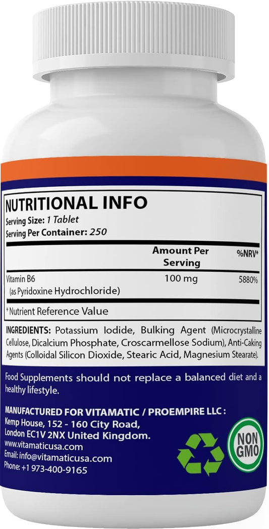 Vitamatic Vitamin B6 (Pyridoxine HCI), 100mg 250 Vegetarian Tablets - Promotes Energy Production, boosts Metabolism and Immune Health Support