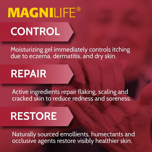 Magnilife Eczema Care+, Moisturizing Gel For Itchy, Dry Skin, Last Relief For Dermatitis And Eczema Flare-Ups - Natural Ingredients Aloe, Calendula & Tea Tree Oil - Steroid-Free, Paraben-Free - 2 Oz