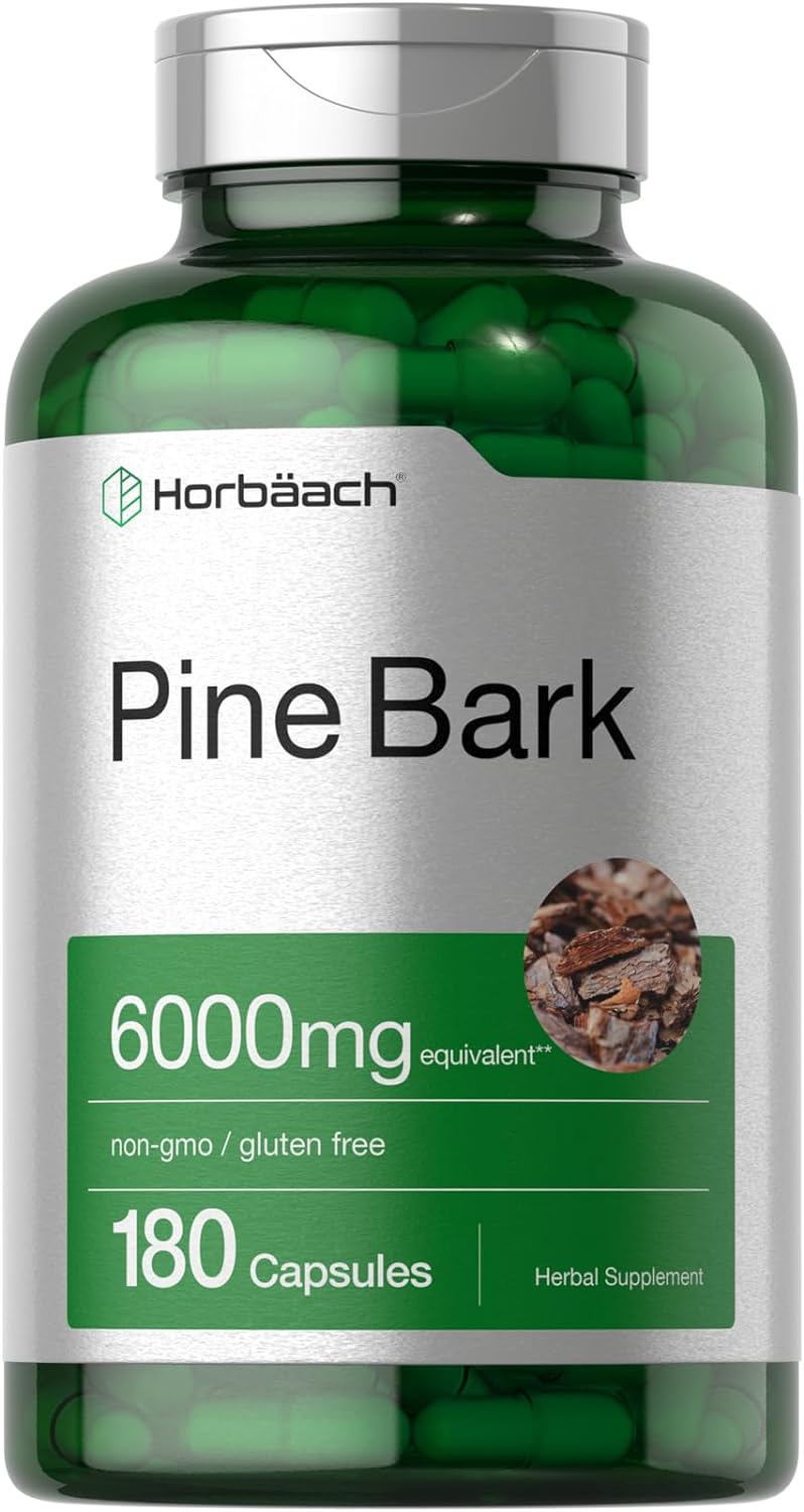 Horbäach Pine Bark Extract | 6000 mg | 180 Capsules | Standardized to Contain 380 mg Proanthocyanidins | Non-GMO, Gluten Free Supplement | High Potency