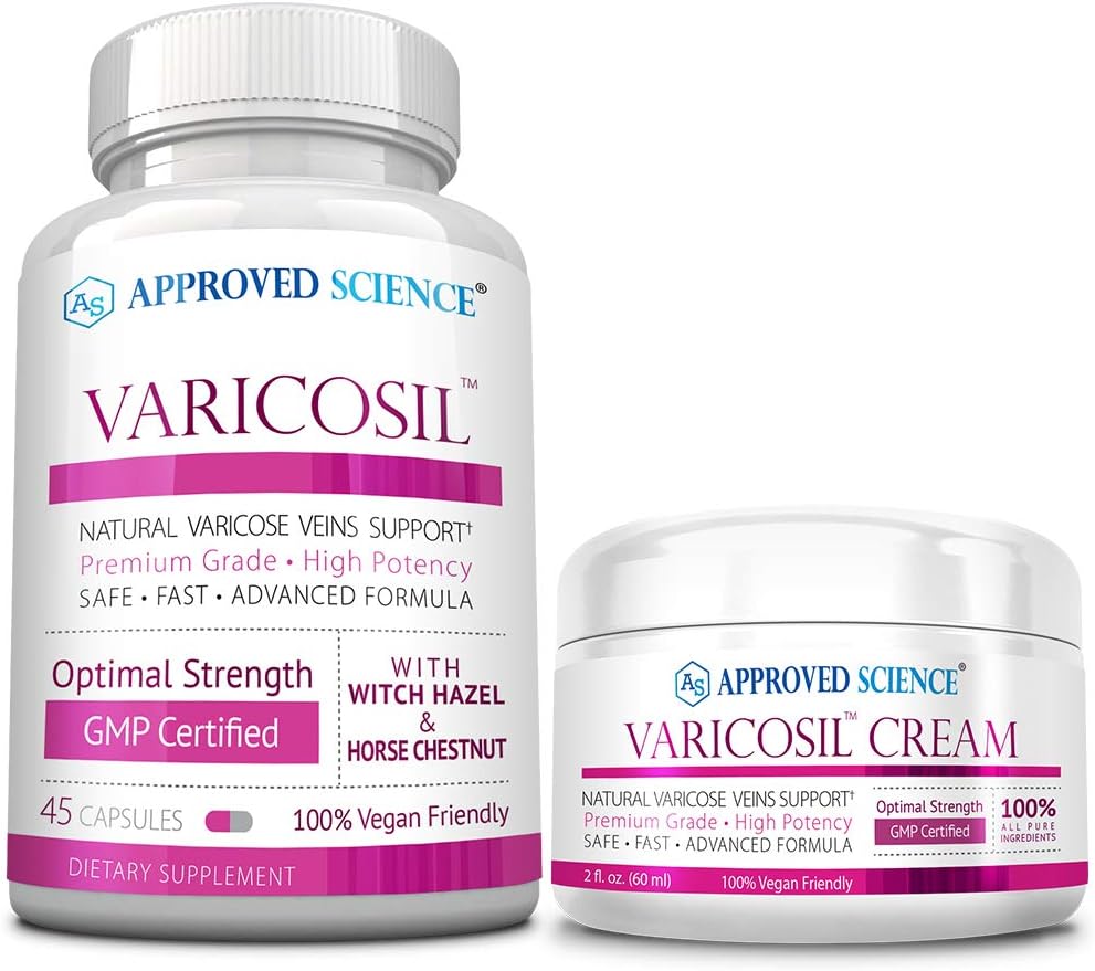 Approved Science Varicosil - Varicose Veins Support Supplement - 1 Bottle (45 Capsules) + 1 Cream (2Fl Oz) - Vegan