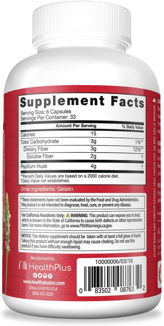 Health Plus Colon Cleanse Digestive Support | All Natural Daily Fiber for Toxin Elimination To Reduce Bloating | Supports Heart Health | 200 Capsules, 33 Servings