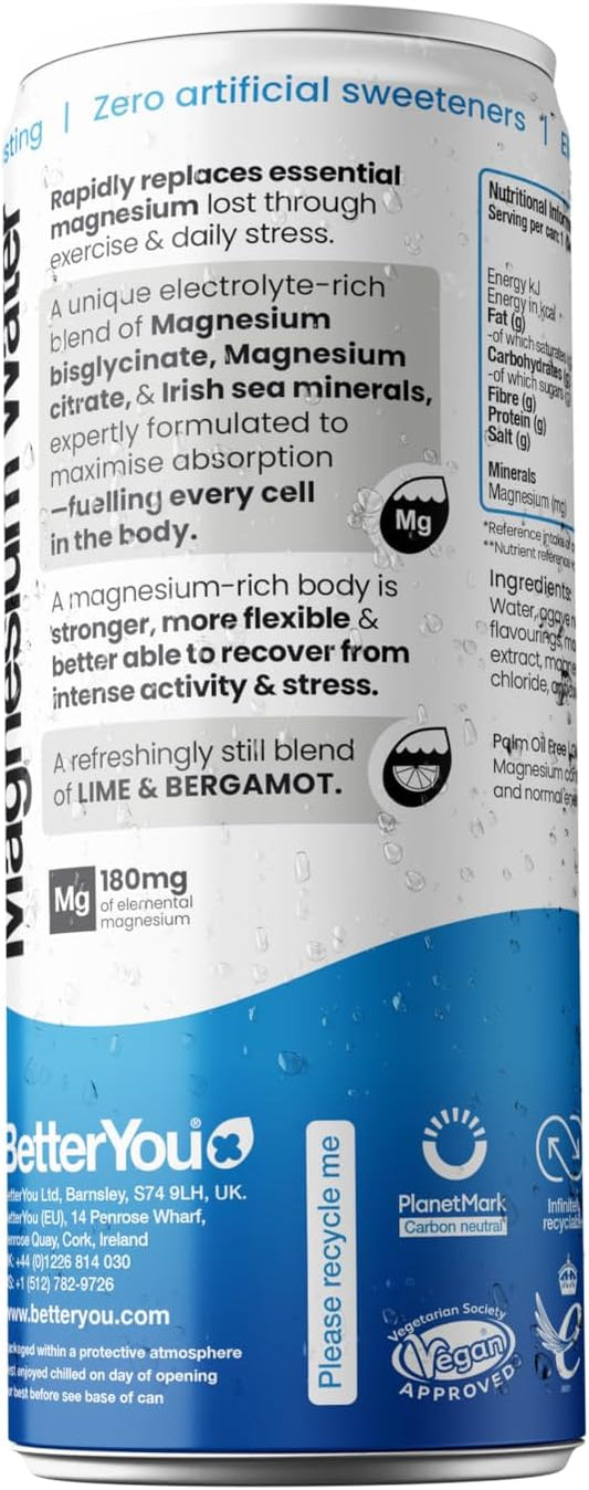 Betteryou Magnesium Mineral Water, Hydrate, Rapid Replenishment For Exercise Recovery And Stress Relief, Boosts Cellular Fuel, Magnesium Glycinate With Citrus And Botanicals, Pack Of 12, 250 Ml