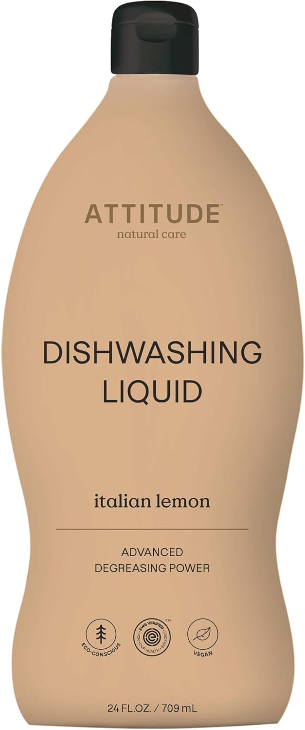 Attitude Dishwashing Liquid, Ewg Verified, Vegan Dish Soap, Plant Based, Naturally Derived Products, Italian Lemon, 24 Fl Oz