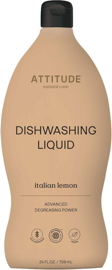 Attitude Dishwashing Liquid, Ewg Verified, Vegan Dish Soap, Plant Based, Naturally Derived Products, Italian Lemon, 24 Fl Oz