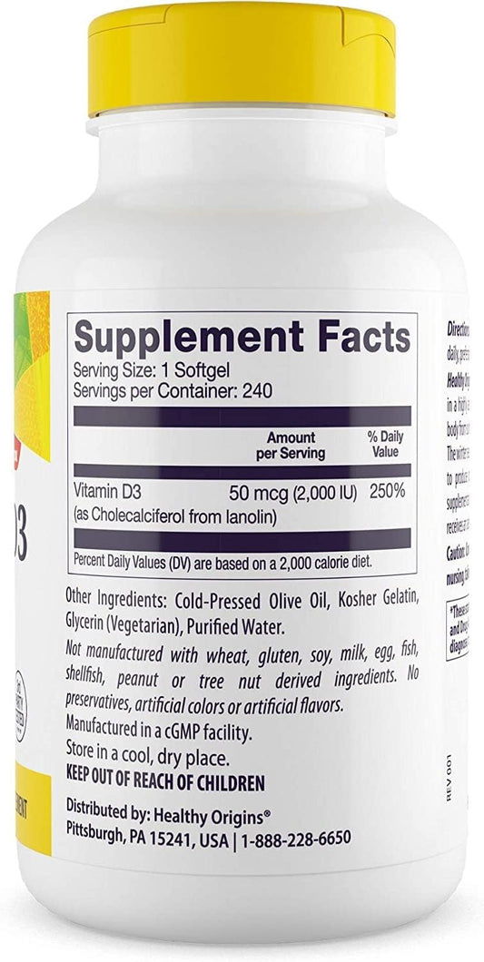 Healthy Origins Vitamin D3 (Lanolin) 2,000 IU - Bone Health and Immune Support Supplement - Easily Absorbable Vitamin D Supplements - Gluten-Free Vitamin D3 Supplement - 240 Softgels