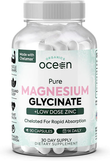 Pure Magnesium Glycinate With Zinc - Maximum Strength Chelated Magnesium Supplement For Women And Men For Muscle Cramps And Sleep Support - 90 Capsules
