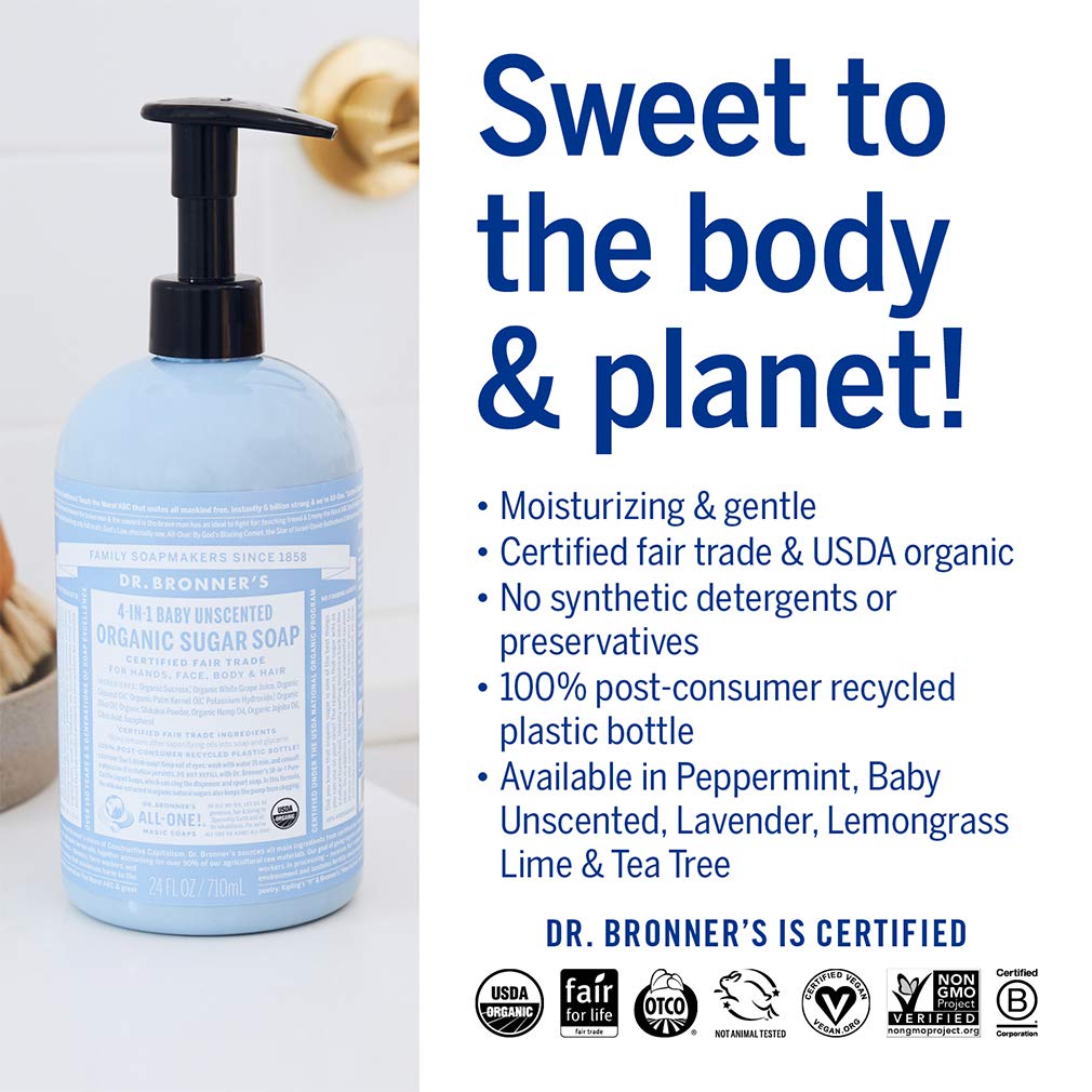 Dr. Bronner's Organic Baby Unscented Sugar Soap, 24 Ounce - 4-in-1 Use: Hands, Body, Face and Hair, Moisturizes and Nourishes, No Added Fragrance : Bath Soaps : Beauty & Personal Care
