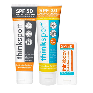 Think! SPF 30 Sunscreen Stick 0.64 Oz + Thinkbaby SPF 30 Clear Zinc Sunscreen 3 Oz. + Thinksport SPF 50 Clear Zinc Sunscreen 3 Oz