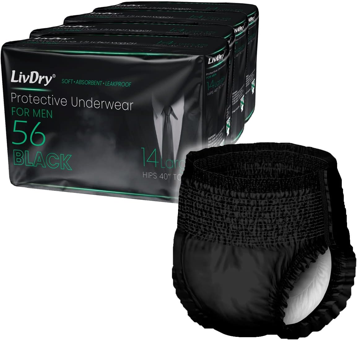 Livdry Adult Incontinence Underwear For Men, Premium Black Series, Ultimate Leak Protection, Large 56-Pack