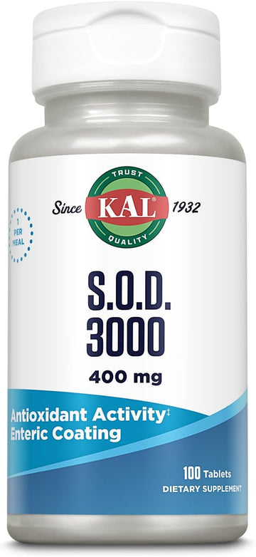 KAL S.O.D. 3000 Antioxidant Supplement 400mg, Superoxide Dismutase (SOD), Beef Liver Source, Super Antioxidant Support, Enteric Coated for Maximum Assimilation, 60-Day Guarantee, 100 Serv, 100 Tablets