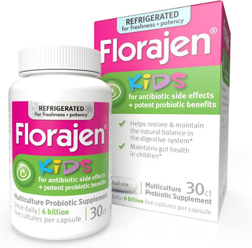 Florajen Kids Probiotics, Daily Gut Health & Immune Support Supplement, Constipation and Bloating Relief, 30 Capsules (Refrigerated)