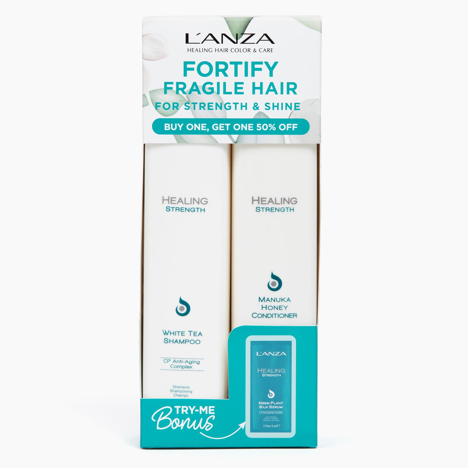 L'Anza Healing Strength Hair Care Kit, White Tea Anti Breakage Shampoo, Hair Conditioner & Healing Strength Neem Hair Serum, Paraben Free, Sulfate Free, Gift Box, Damaged Hair (10.1/8.5 Fl Oz+Sample)