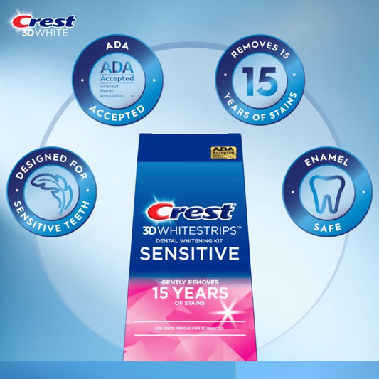 Crest 3D Whitestrips Sensitive At-Home Teeth Whitening Kit, 18 Treatments, Gently Removes 15 Years Of Stains