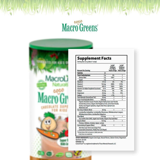 MacroLife Naturals MacroCoco Greens Chocolate Superfood Powder for Kids Raw Fruits Veggies Probiotics & Digestive Enzymes, Immunity Energy, Non-GMO, Vegan, Gluten, Dairy Free - 7oz (32 Servings)