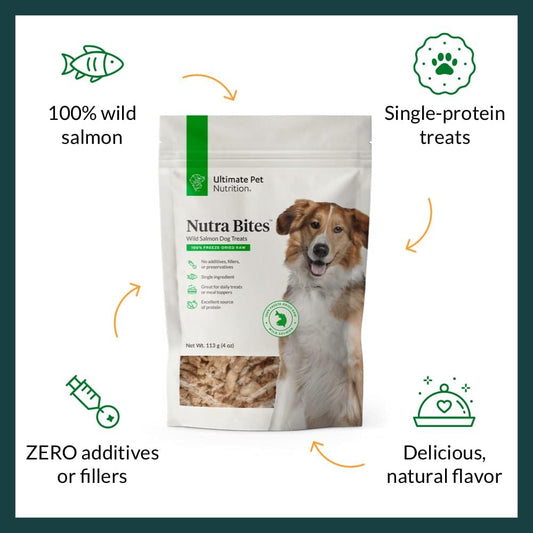 Ultimate Pet Nutrition Nutra Bites Freeze Dried Raw Single Ingredient Training Treats Food Topper For Dogs, 4 Ounces, Wild Salmon