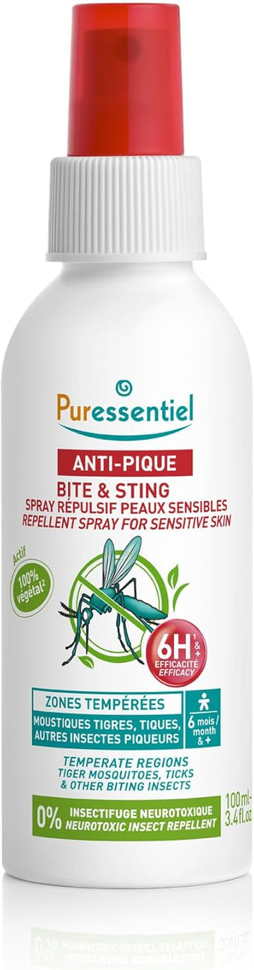 Puressentiel – Family Bite & Sting Repellent Spray - Sensitive Skin – Temperate Zones -Body And Face (Cheeks/Forehead) - 6H And Plus Efficacy - 100 Ml