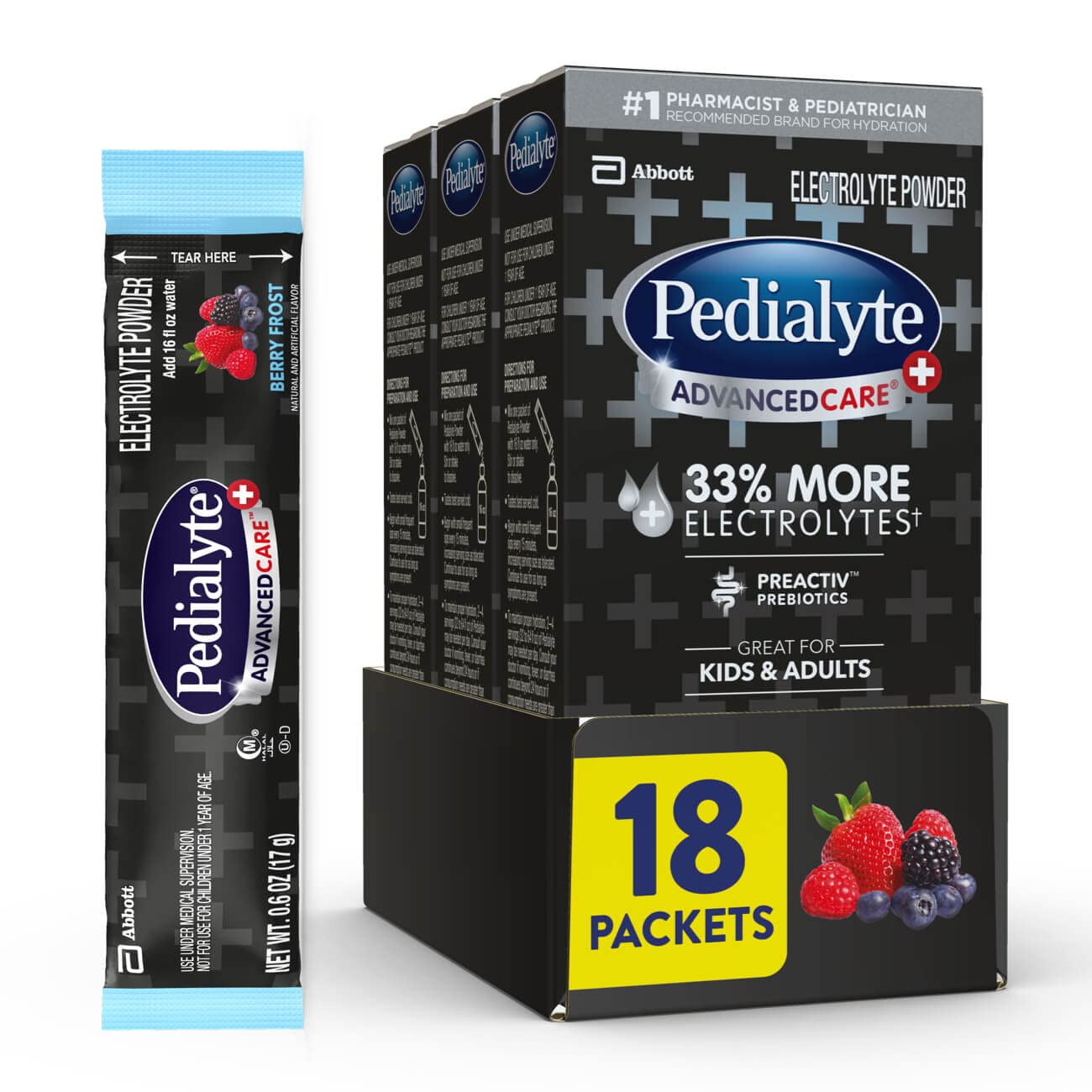 Pedialyte Advancedcare Plus Electrolyte Powder, With 33% More Electrolytes And Preactive Prebiotics, Berry Frost, Drink Powder Packets, 0.6 Oz, 18 Count