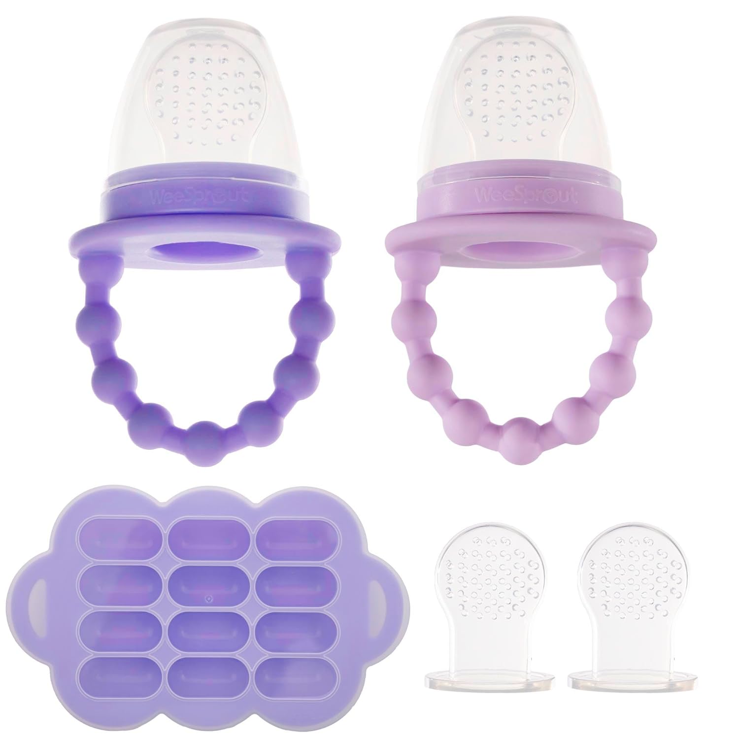 WeeSprout Silicone Baby Food Feeders + Freezer Tray for Batch Prep, Set of 2, Introduce New Foods Safely, Double as Teething Toys, Includes 2 Extra Pouches & Travel Lids, Dishwasher Safe