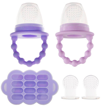 WeeSprout Silicone Baby Food Feeders + Freezer Tray for Batch Prep, Set of 2, Introduce New Foods Safely, Double as Teething Toys, Includes 2 Extra Pouches & Travel Lids, Dishwasher Safe