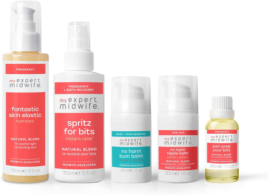 My Expert Midwife Mum to Be Pregnancy and Postnatal Maternity Essentials for hospital bag with Fantastic Skin Elastic, Peri Prep Your Bits, Spritz for Bits, No Harm Nipple Balm & No Harm Bum Balm