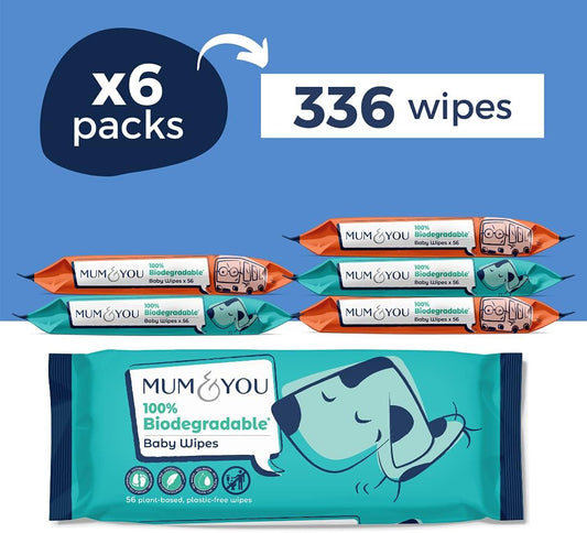 Mum & You Baby Wipes Multipack - 336 Biodegradable Wet Wipes (6 Packs) | 99.4% Water Wipes For Sensitive Newborn Skin | Baby Wipes Bulk, Bum Wipes, Wet Tissue, Eco-Friendly Wet Wipes Baby