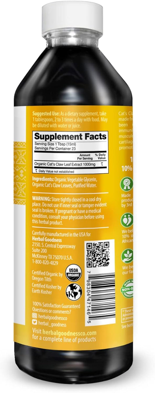 Cat'S Claw Liquid Extract - Herbal Supplement For Digestive Boost, Joint/Muscle Support, Immunity, Heart Support- Superior Absorption-Organic 12Oz -23 Servings/Bottle -Made In Usa -Herbal Goodness