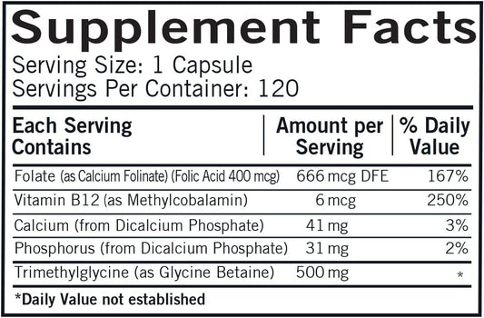 Tmg (Trimethylglycine) 500 Mg W/Folinic Acid & B12 Capsules - Hypo 120 Capsules