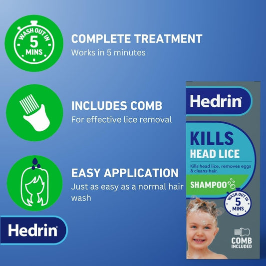 Hedrin Head Lice Shampoo And Comb Kit, Kills Head Lice And Eggs In 5 Minutes, 4 Treatments, Clinically Tested, Suitable For Adults And Children, 100Ml, (Formerly All-In-One - Packaging May Vary)