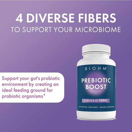 Biohm Prebiotic Fiber Supplement (60 Capsules) 4 Diverse Dietary Fibers To Support Probiotic Environment, Helps Improve Gut Health And Immune System, Includes Inulin & Apple Pectin Powder