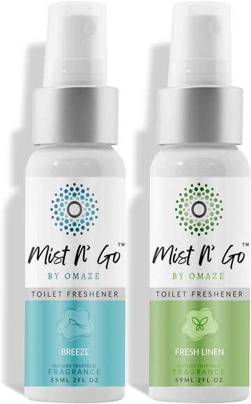 Mist N' Go by OMAZE Travel Bathroom Spray for Poop Spray Odor Eliminator, Travel Toilet Spray for Poop Air Freshener Spray for Bathroom Deodorizer | Mix - Clean, Regular Size (2oz x2)