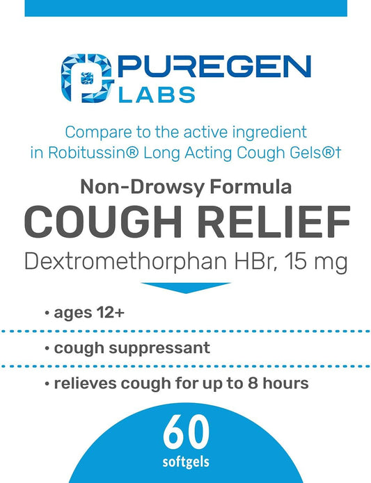 P Puregen Labs Cough Relief for Adults Dextromethorphan HBr 15mg (60 Softgels) 8-Hour, Non-Drowsy, Long-Lasting Bronchial Suppressant |Ages 12+ | Compare to Robafen and Robitussin