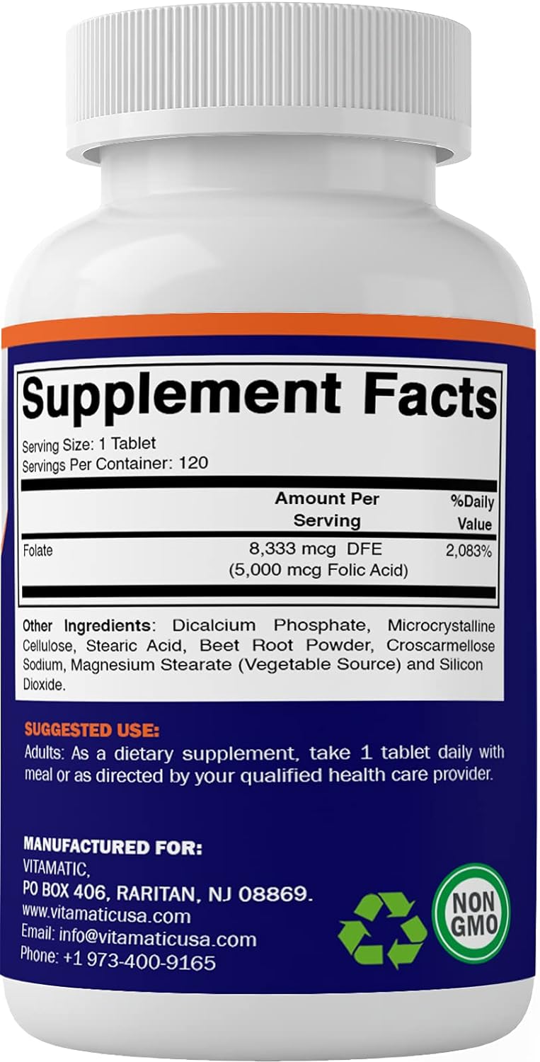 Vitamatic 2 Pack Folic Acid 5mg (5000 mcg) - 120 Vegetarian Tablets - (Vitamin B9 Folate) (Total 240 Tablets) : Health & Household