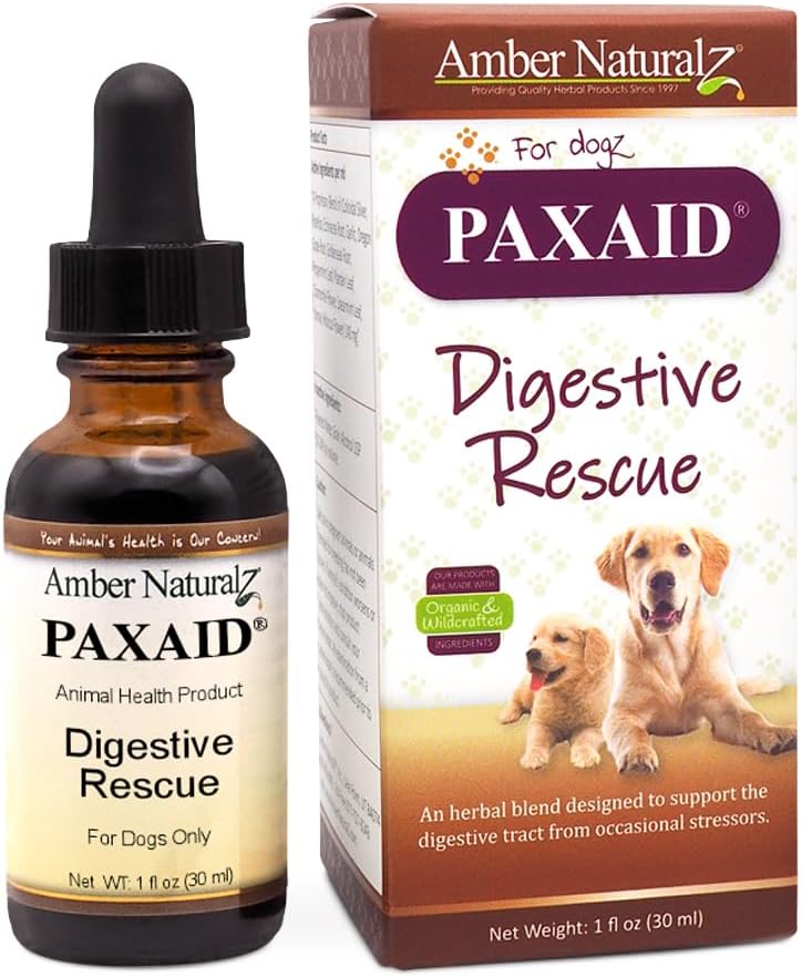 Amber Naturalz Paxaid Digestive Rescue Herbal Supplement For Dogs And Puppies | Canine Herbal Supplement For Occasional Digestive Upset Support | 4 Fluid Ounce Glass Bottle | Manufactured In The Usa