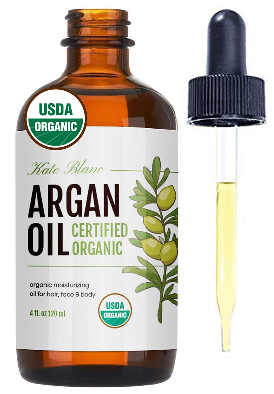 Kate Blanc Cosmetics Argan Oil For Hair, Face & Skin From Morocco (4Oz, Usda Certified Organic, Cold Pressed & 100% Pure, Light)