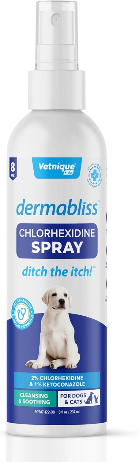 Vetnique Dermabliss Medicated Chlorhexidine Antiseptic Skin Spray For Dogs & Cats, Supports Skin Infections And Irritations 8Oz