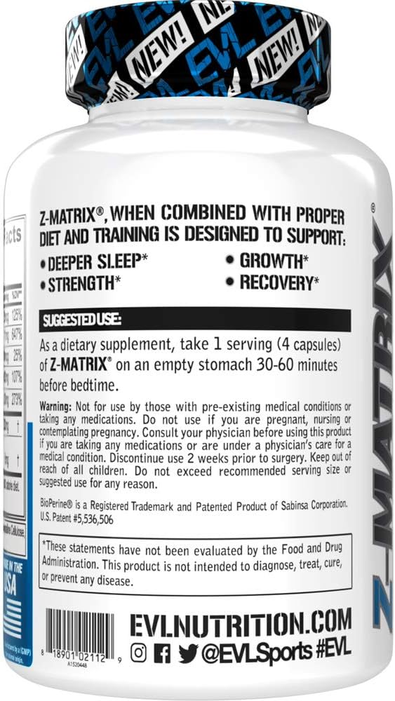 Magnesium and Zinc Post Workout Supplement - ZMatrix Zinc Magnesium Aspartate Muscle Recovery Supplement for Sleep Support and Muscle Health - EVL Post Workout Recovery Bodybuilding Supplement : Health & Household