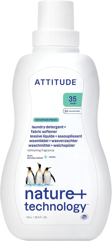 Attitude 2-In-1 Laundry Detergent And Fabric Softener, Plant And Mineral-Based Ingredients, He, Vegan And Cruelty-Free Household Products, Mountain Essentials, 35 Loads, 35.5 Fl Oz