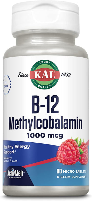 KAL Vitamin B12 Methylcobalamin 1000mcg, Healthy Energy, Metabolism, Nerve & Red Blood Cell Support,* Fast Dissolve ActivMelt, Optimal Absorption, Natural Raspberry avor, 90 Servings, 90 Micro Tabs