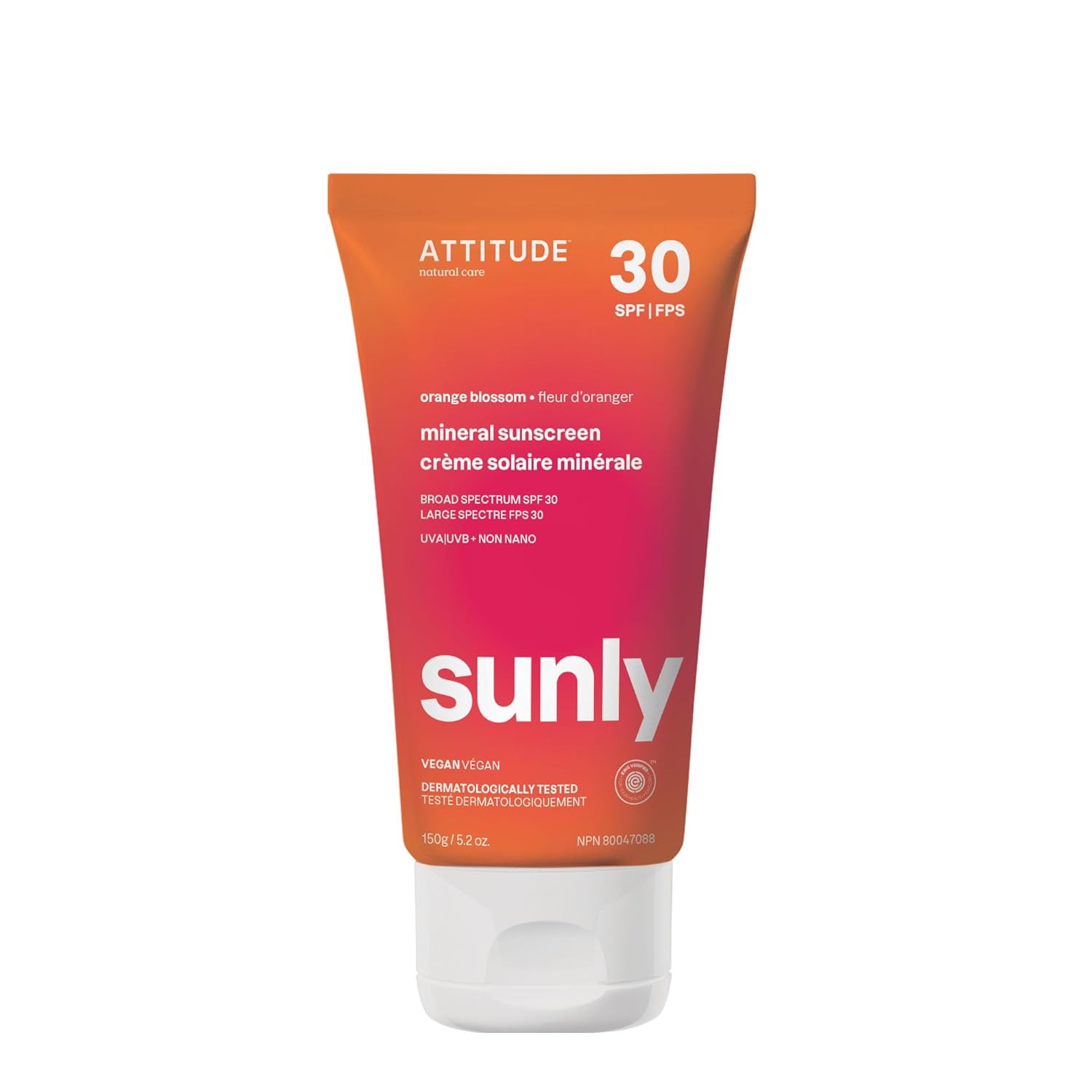 ATTITUDE Mineral Sunscreen with Zinc Oxide, SPF 30, EWG Verified, Broad Spectrum UVA/UVB Protection, Dermatologically Tested, Vegan, Orange Blossom, 5.2 Ounces