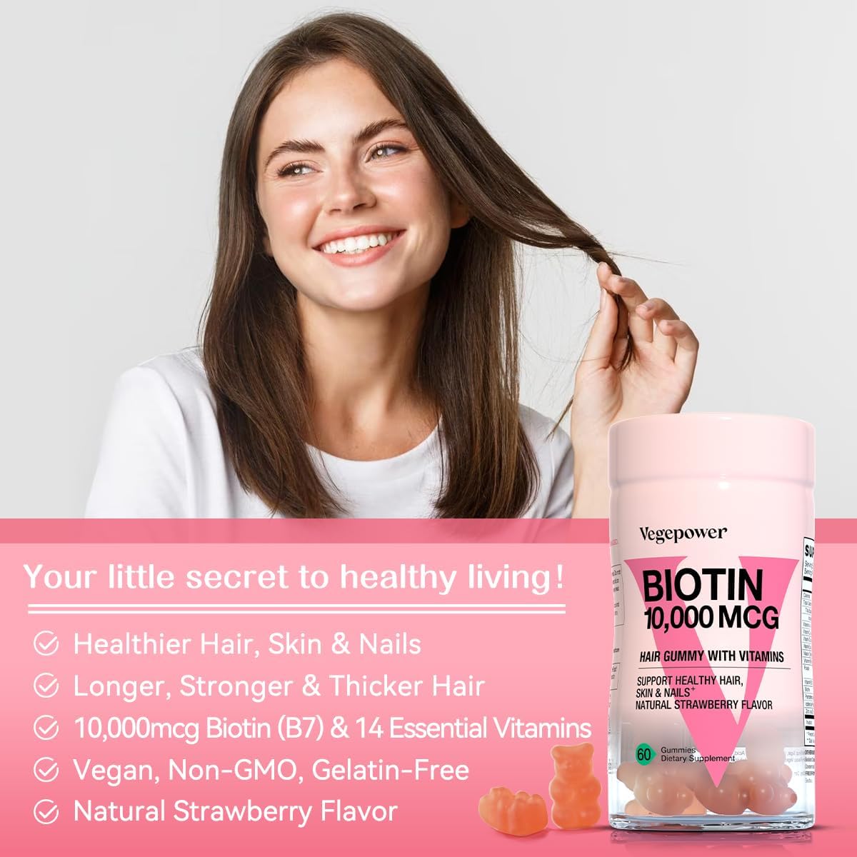 Biotin 10000Mcg Hair Growth Gummies - Vegan Biotin Supplement Supports Healthy Hair, Skin And Nails, Non-Gmo Hair Vitamin Gummy For Women Men Strawberry 60 Bears