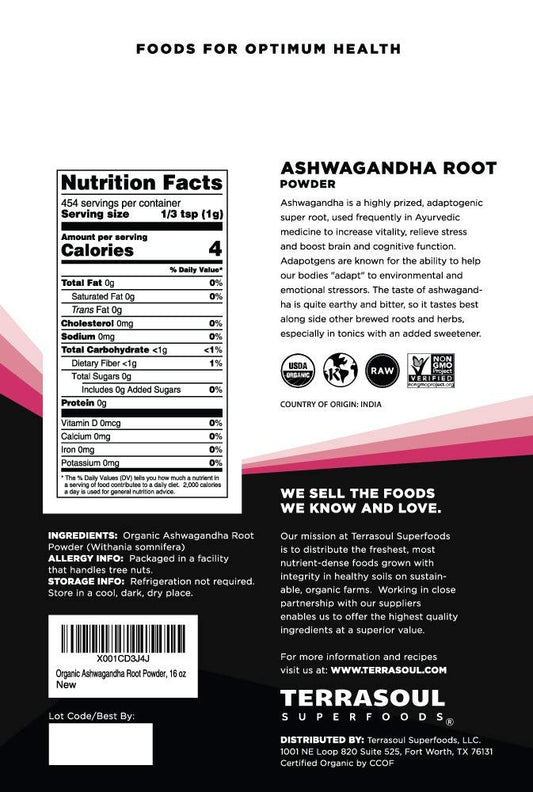 Terrasoul Superfoods Organic Ashwagandha Root Powder, 1 Lb - Stress Adaptogen | May Improve Sleep | Lab-Tested For Quality