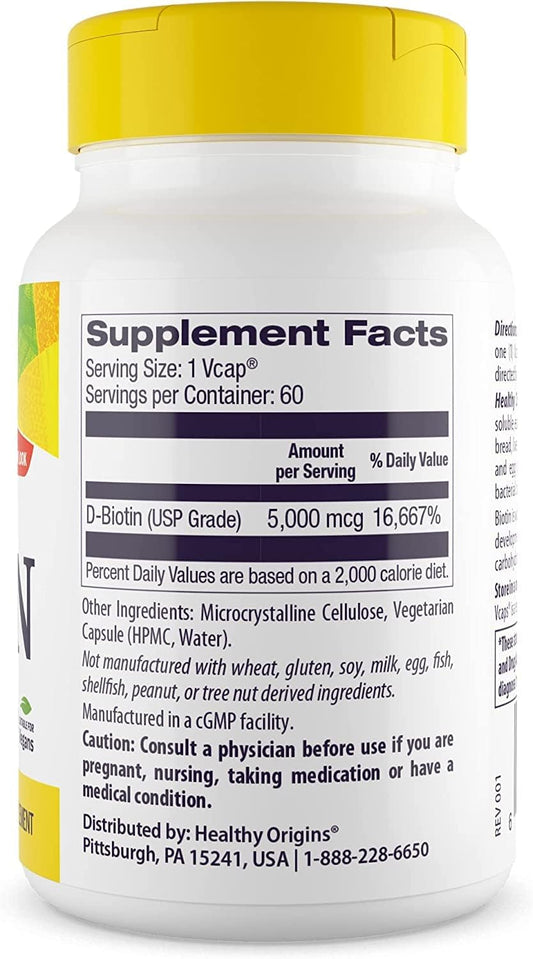 Healthy Origins Ultra-Potency Biotin (B7), 5,000 mcg - Supports Skin, Hair & Nails - High-Grade Vitamin B7 - Non-GMO, Gluten-Free Biotin for Vegans - 60 Veggie Capsules