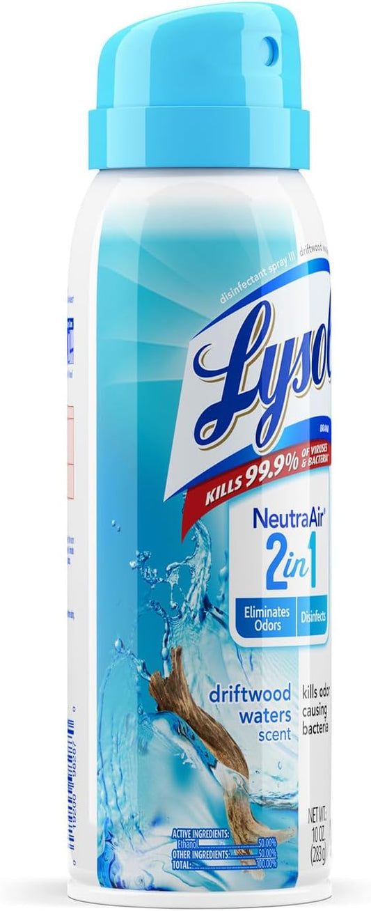 Lysol Neutraair Disinfectant Spray, 2 In 1: Eliminates Odors And Disinfects, Air Freshener & Disinfecting Spray, Driftwood Waters, 10 Fl Oz