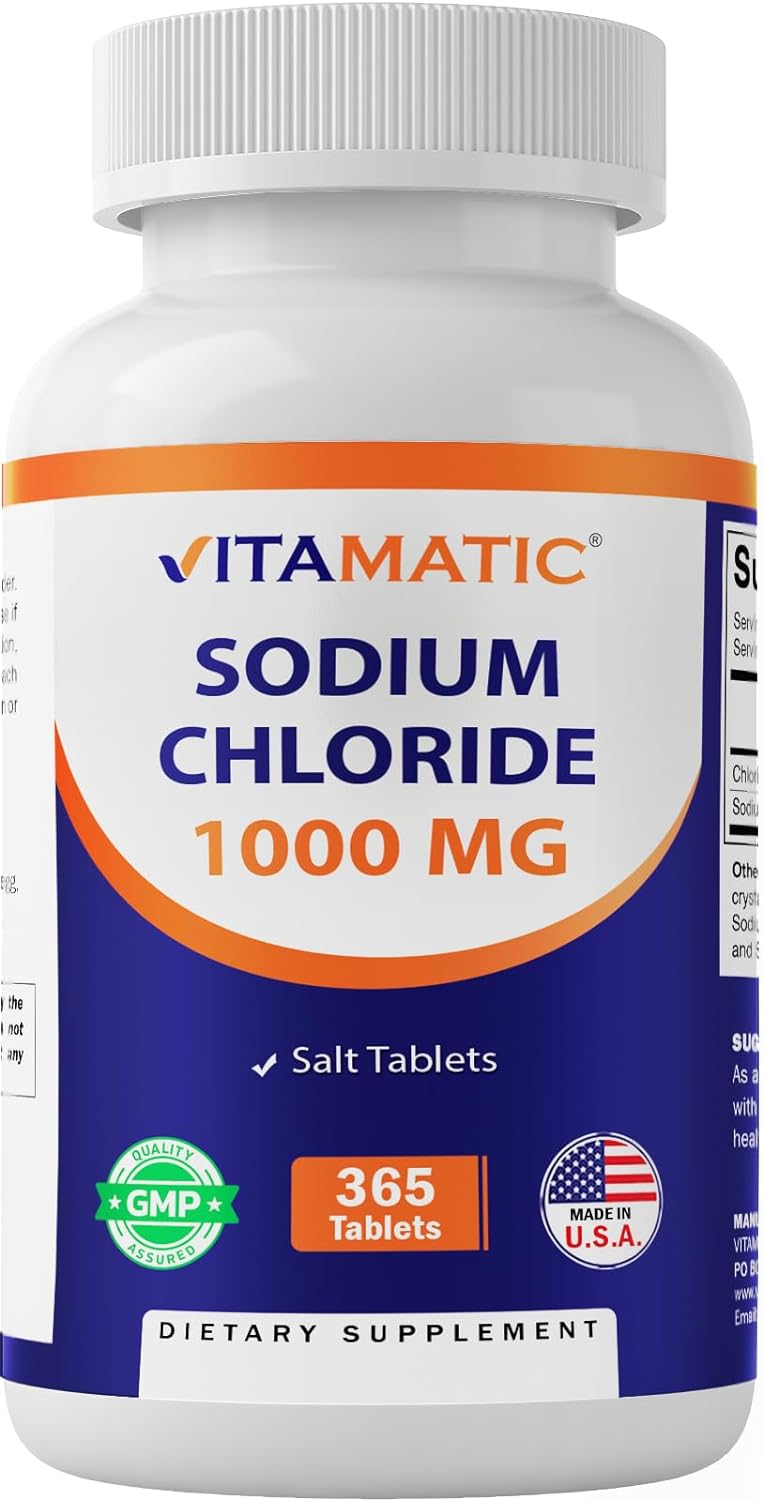 Vitamatic Sodium Chloride 1000mg, 365 Tablets - Salt Tablets, Non-GMO, Gluten Free - Electrolytes Replenisher Hydration Drink