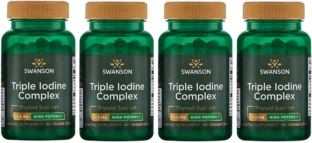 Swanson Triple Iodine Complex-Natural Supplement For Vital Thyroid Support-Promotes Metabolic Function, Increased Red Blood Cell Production, & Heart Health-(60 Veggie Capsules, 12.5Mg Each) 4 Pack
