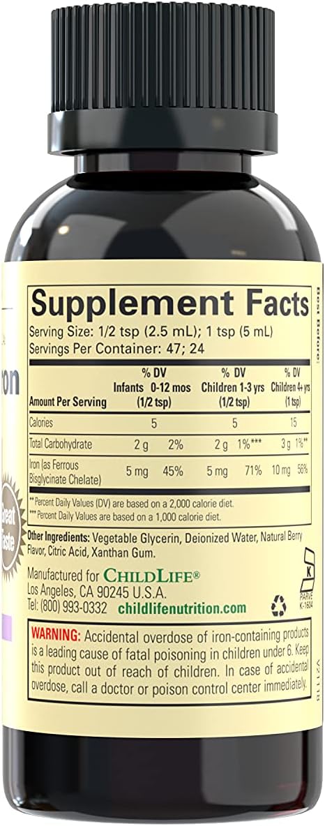 ChildLife Essentials Liquid Iron - Iron Supplements for Kids, Supports Healthy Blood Function, All-Natural, Gluten-Free, Iron Drops for Infants - Natural Berry Flavor, 4 Fl Oz Bottle