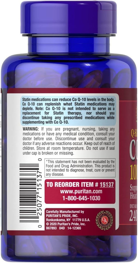 Puritans Pride Coq10 100Mg, Supports Heart Health, 240 Rapid Release Softgels