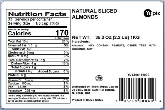 Yupik Sliced California Almonds With Skins, 2.2 lb, Unblanched, Gluten-Free, Kosher, Raw, Good Source Of Protein, Fiber, Iron & Calcium, Low In Carb, Pack of 1