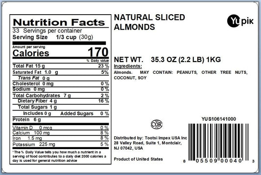 Yupik Sliced California Almonds With Skins, 2.2 Lb, Unblanched, Gluten-Free, Kosher, Raw, Good Source Of Protein, Fiber, Iron & Calcium, Low In Carb, Pack Of 1